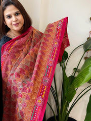 Orange, Red Handmade Kantha Dupatta in Silk