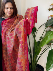 Orange, Red Handmade Kantha Dupatta in Silk