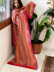 Orange, Red Handmade Kantha Dupatta in Silk