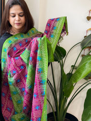 Green, Pink Handmade Kantha Dupatta in Silk