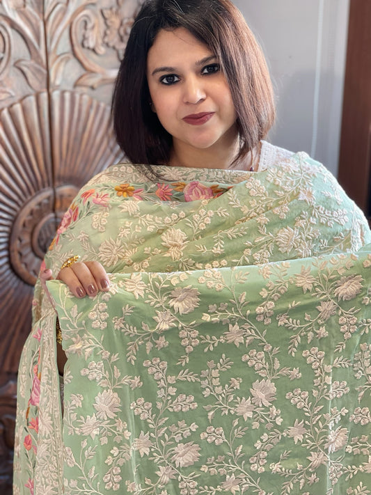Green Suit Set with Parsi Gara Embroidery in Georgette