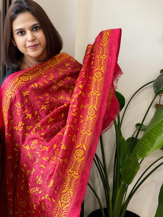 Red Handmade Kantha Dupatta in Silk