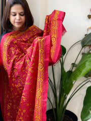 Red Handmade Kantha Dupatta in Silk