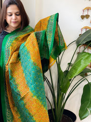 Green, Yellow Handmade Kantha Dupatta in Silk