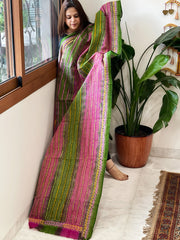 Green, Pink Handmade Kantha Dupatta in Silk