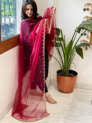 Maroonish Pink Net Dupatta with Pearl, Sequin and Cut Daana Embroidery