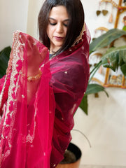 Maroonish Pink Net Dupatta with Pearl, Sequin and Cut Daana Embroidery