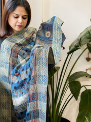 Ajrakh Handblock Printed Organza Crepe Dupatta with Banarasi Border