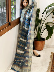 Ajrakh Handblock Printed Organza Crepe Dupatta with Banarasi Border