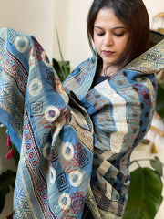 Ajrakh Handblock Printed Organza Crepe Dupatta with Banarasi Border