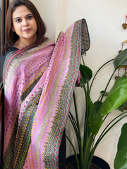 Lite Pink, Green Handmade Kantha Dupatta in Silk