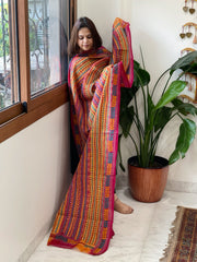 Pink, Yellow Handmade Kantha Dupatta in Silk