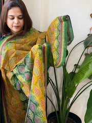 Green, Yellow Handmade Kantha Dupatta in Silk