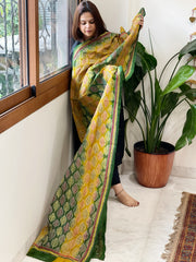 Green, Yellow Handmade Kantha Dupatta in Silk