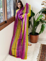 Yellow, Pink Handmade Kantha Dupatta in Silk