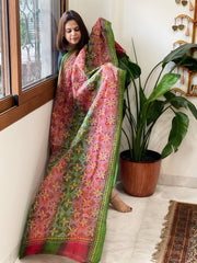 Green, Red Handmade Kantha Dupatta in Silk