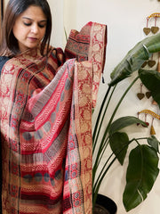 Ajrakh Handblock Printed Organza Crepe Dupatta with Banarasi Border