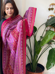 Pink, Red Handmade Kantha Dupatta in Silk