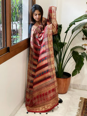 Ajrakh Handblock Printed Organza Crepe Dupatta with Banarasi Border