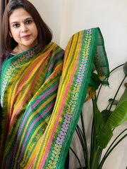 Green, Yellow Handmade Kantha Dupatta in Silk