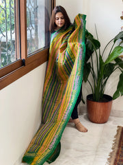 Green, Yellow Handmade Kantha Dupatta in Silk