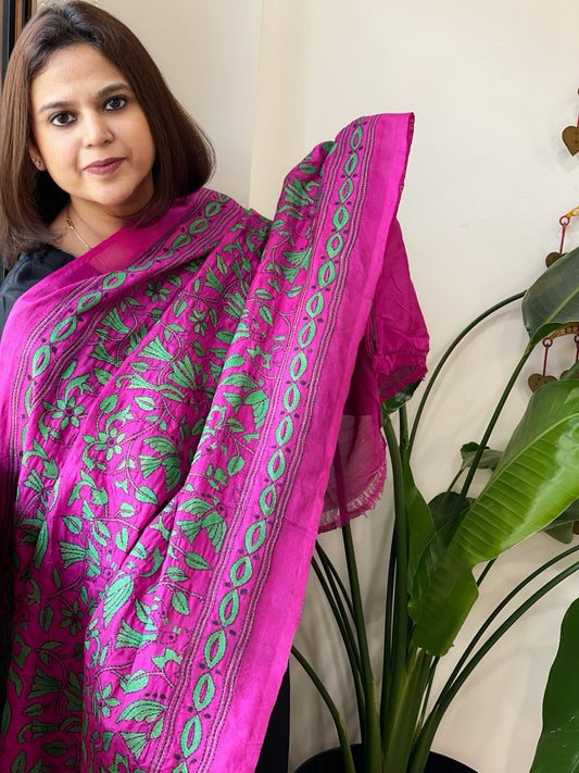 Pink Handmade Kantha Dupatta in Silk