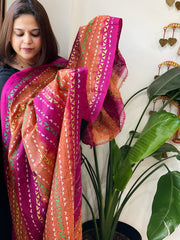 Orange, Pink Handmade Kantha Dupatta in Silk