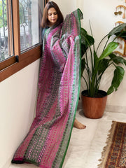 Green, Pink Handmade Kantha Dupatta in Silk