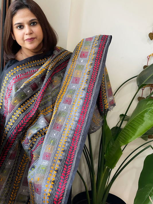 Grey, Black Handmade Kantha Dupatta in Silk