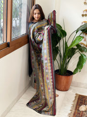 Grey, Black Handmade Kantha Dupatta in Silk