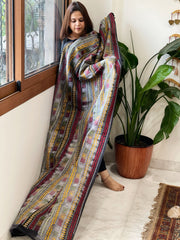 Grey, Black Handmade Kantha Dupatta in Silk