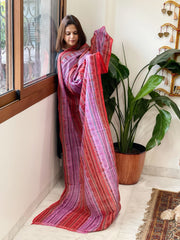 Pink, Red Handmade Kantha Dupatta in Silk