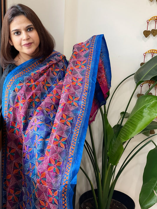 Pink, Blue Handmade Kantha Dupatta in Silk