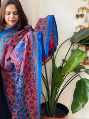 Pink, Blue Handmade Kantha Dupatta in Silk