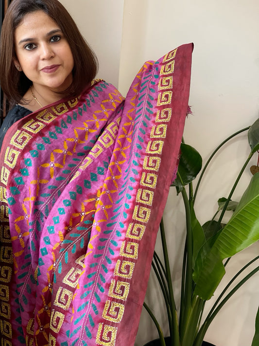 Pink, Maroon Handmade Kantha Dupatta in Silk