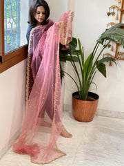 Antique Rose Net Dupatta with Pearl, Sequin and Cut Daana Embroidery