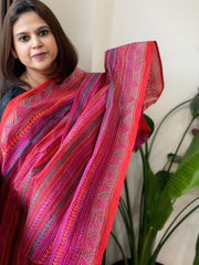 Orange, Pink Handmade Kantha Dupatta in Silk
