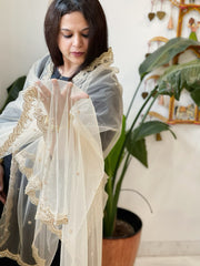 Gold Net Dupatta with Pearl, Sequin and Cut Daana Embroidery