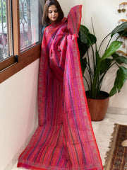 Orange, Pink Handmade Kantha Dupatta in Silk