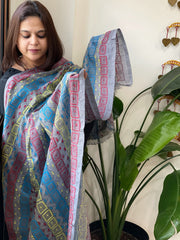 Grey, Powder Blue Handmade Kantha Dupatta in Silk