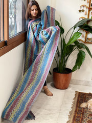 Grey, Powder Blue Handmade Kantha Dupatta in Silk