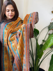 Mustard, Brown Handmade Kantha Dupatta in Silk