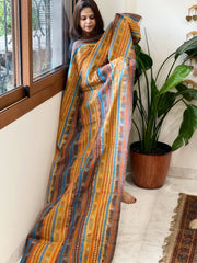 Mustard, Brown Handmade Kantha Dupatta in Silk