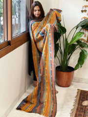 Mustard, Brown Handmade Kantha Dupatta in Silk