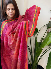 Orange, Pink Handmade Kantha Dupatta in Silk