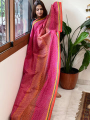 Orange, Pink Handmade Kantha Dupatta in Silk