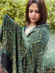 Green Handblock Printed Ajrakh Dupatta with Mukaish Handwork