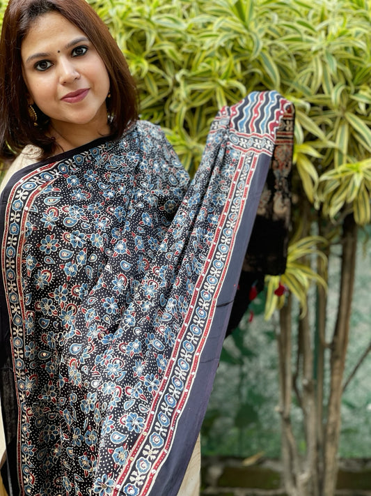 Black Handblock Printed Ajrakh Dupatta with Mukaish Handwork