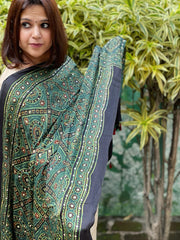 Green Handblock Printed Ajrakh Dupatta with Mukaish Handwork