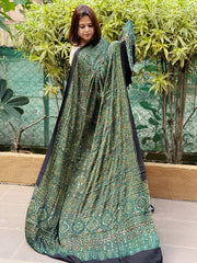 Green Handblock Printed Ajrakh Dupatta with Mukaish Handwork